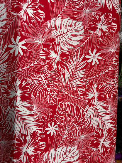 Polynesian Hawaiian Island Fabric 45" Poly Cotton Fabric Monstera & Hibiscus Print- Sold By The Yard | Red & White Color