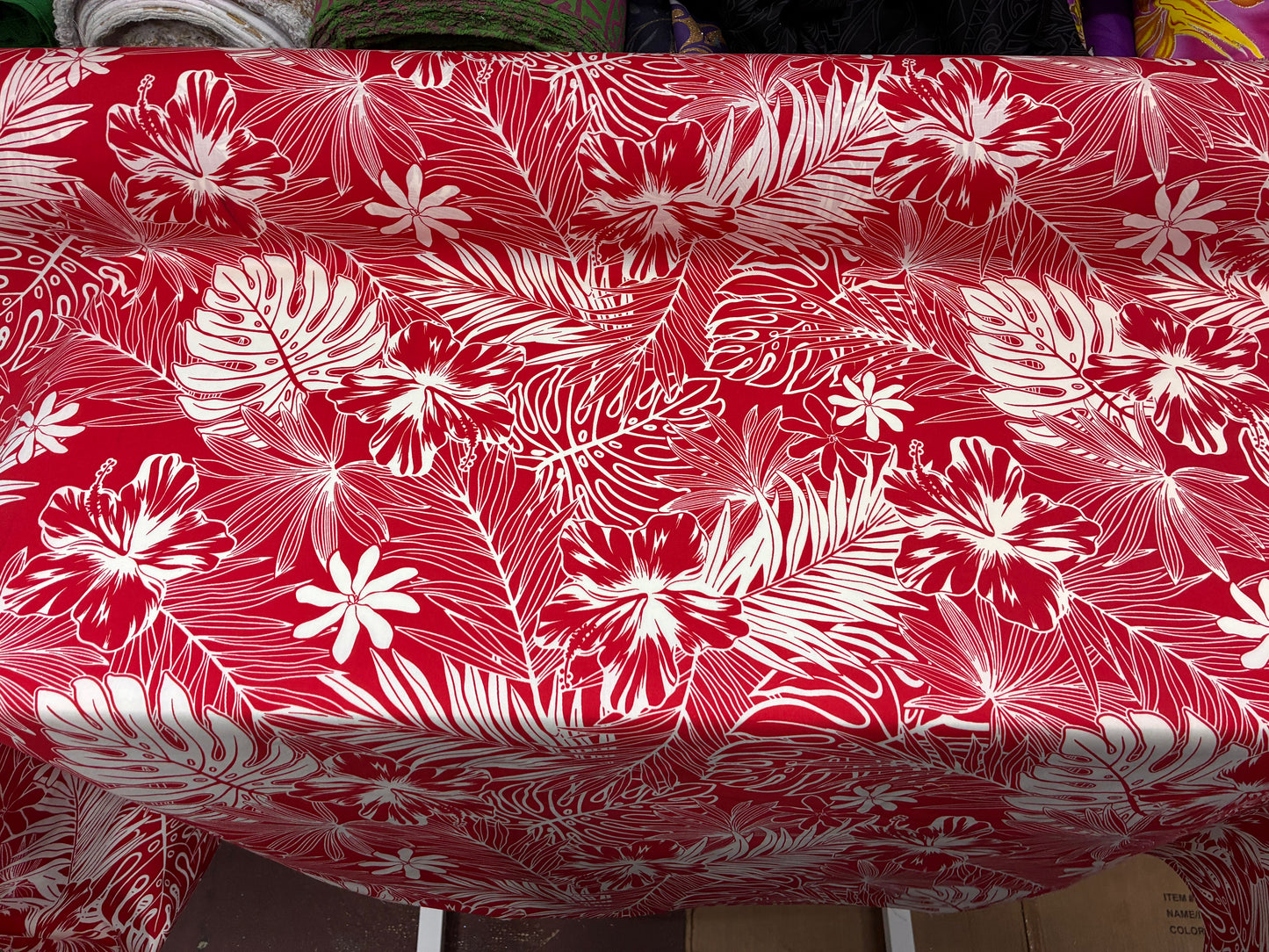 Polynesian Hawaiian Island Fabric 45" Poly Cotton Fabric Monstera & Hibiscus Print- Sold By The Yard | Red & White Color