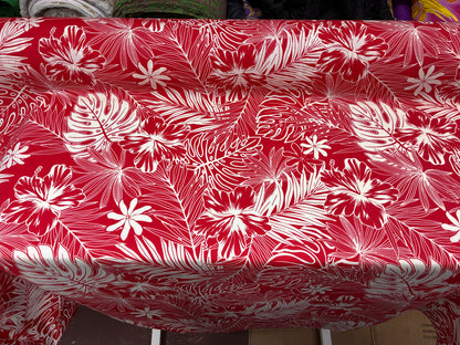 Polynesian Hawaiian Island Fabric 45" Poly Cotton Fabric Monstera & Hibiscus Print- Sold By The Yard | Red & White Color
