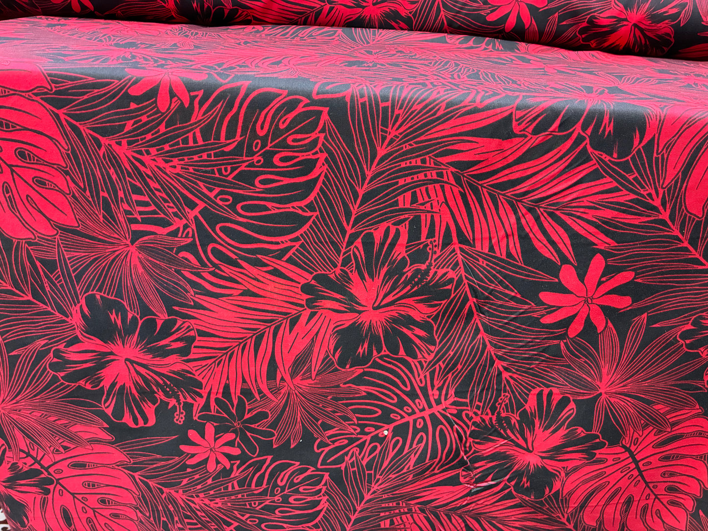 Polynesian Hawaiian Island Fabric 45" Poly Cotton Fabric Monstera & Hibiscus Print- Sold By The Yard | Red & White Color