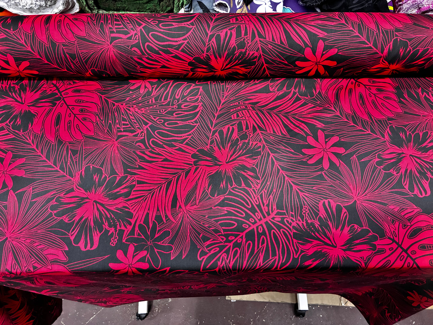Polynesian Hawaiian Island Fabric 45" Poly Cotton Fabric Monstera & Hibiscus Print- Sold By The Yard | Red & White Color
