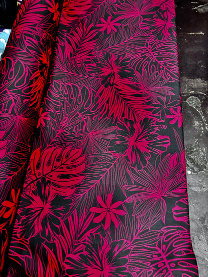 Polynesian Hawaiian Island Fabric 45" Poly Cotton Fabric Monstera & Hibiscus Print- Sold By The Yard | Red & White Color
