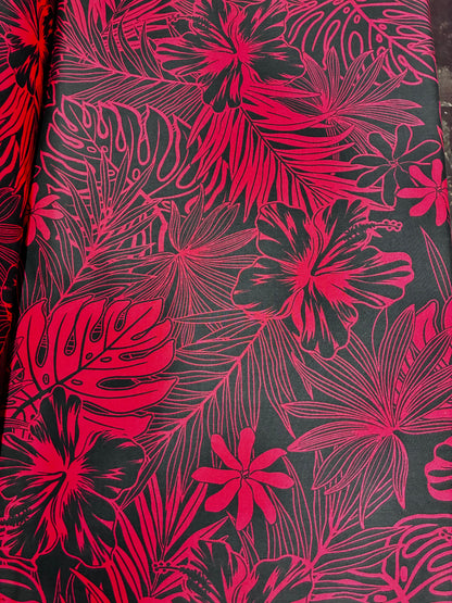 Polynesian Hawaiian Island Fabric 45" Poly Cotton Fabric Monstera & Hibiscus Print- Sold By The Yard | Red & White Color