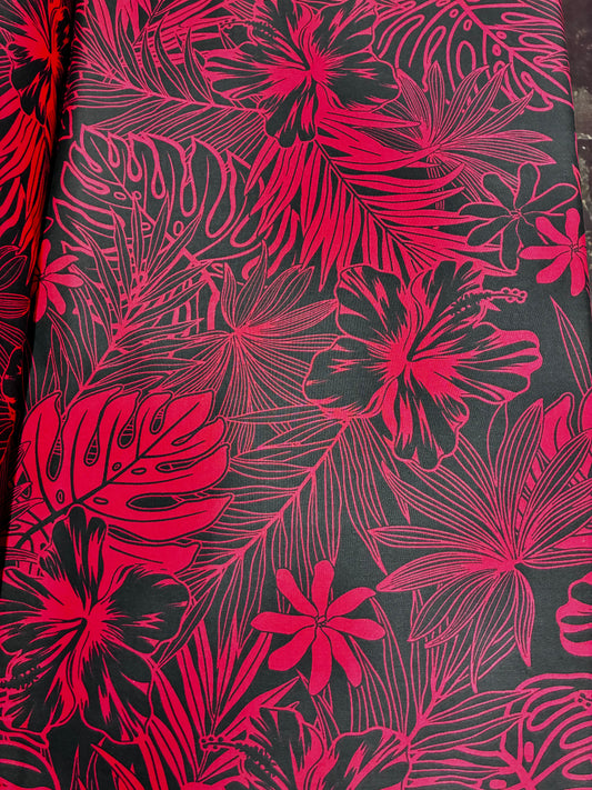 Polynesian Hawaiian Island Fabric 45" Poly Cotton Fabric Monstera & Hibiscus Print- Sold By The Yard | Red & White Color