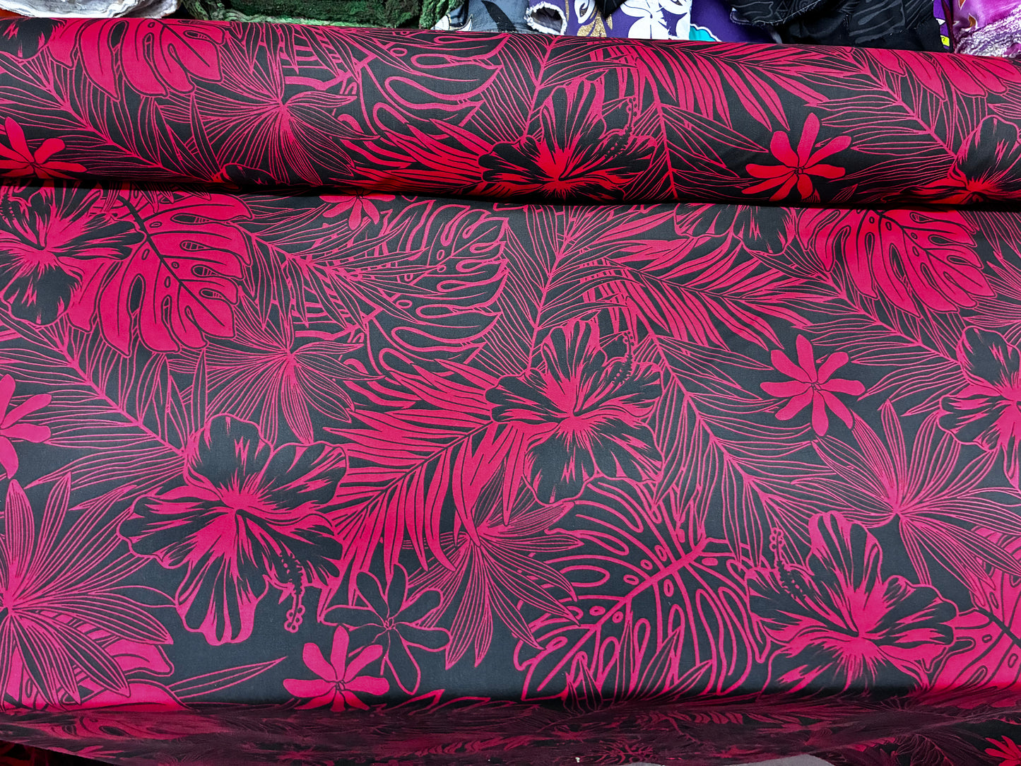 Polynesian Hawaiian Island Fabric 45" Poly Cotton Fabric Monstera & Hibiscus Print- Sold By The Yard | Red & White Color