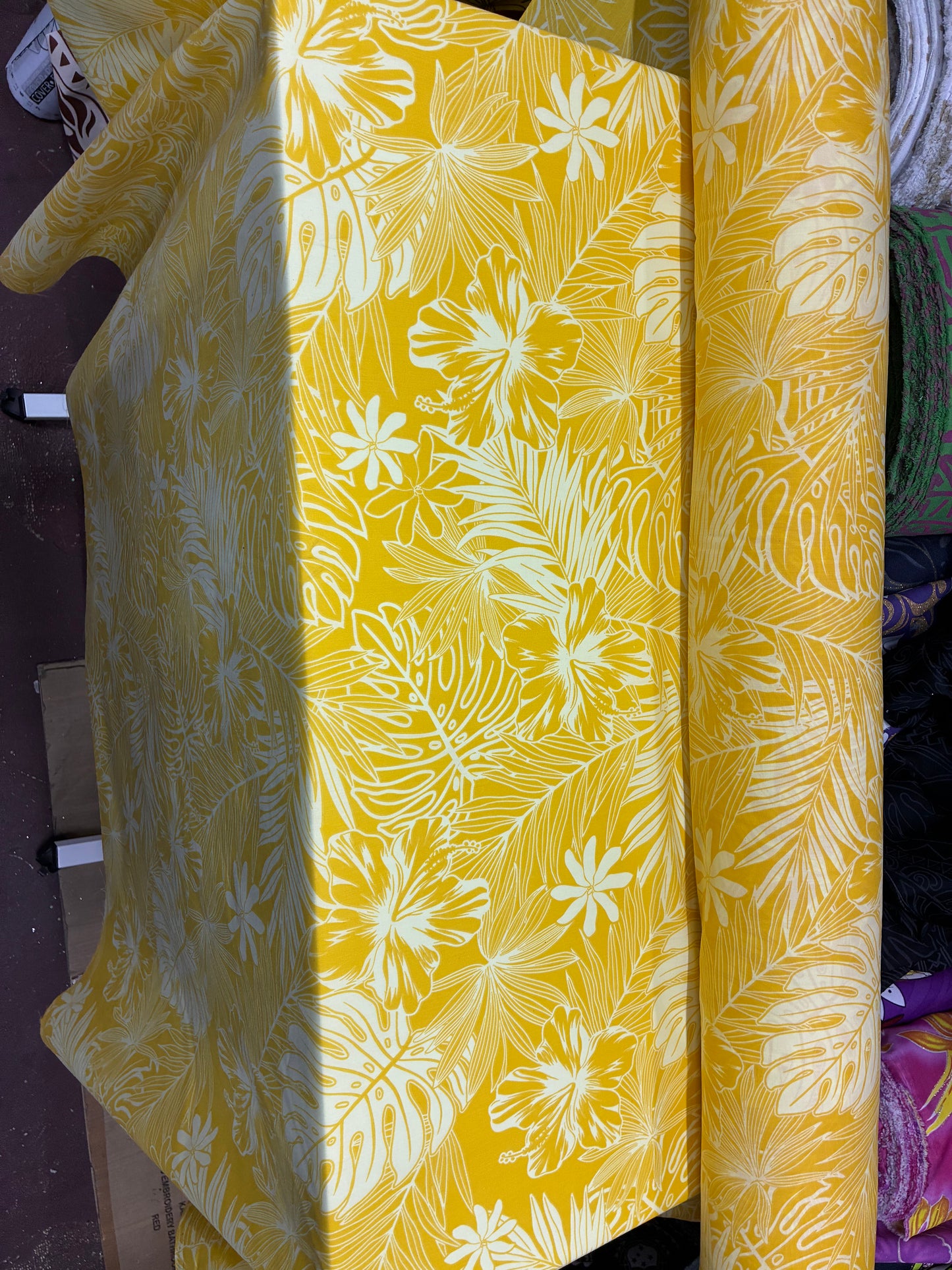 Polynesian Hawaiian Island Fabric 45" Poly Cotton Fabric Monstera & Hibiscus Print- Sold By The Yard | Yellow & White Color