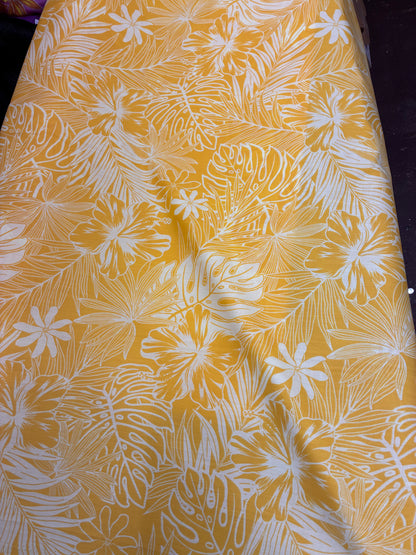 Polynesian Hawaiian Island Fabric 45" Poly Cotton Fabric Monstera & Hibiscus Print- Sold By The Yard | Yellow & White Color