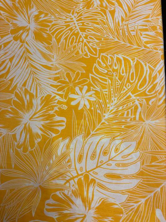 Polynesian Hawaiian Island Fabric 45" Poly Cotton Fabric Monstera & Hibiscus Print- Sold By The Yard | Yellow & White Color