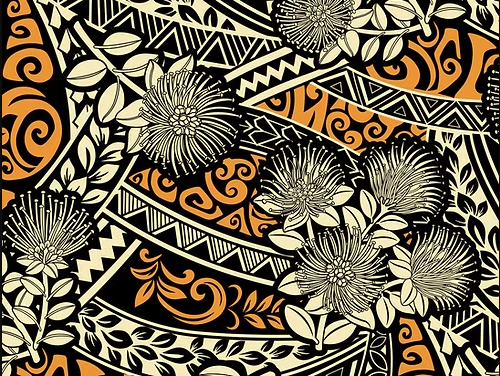Polynesian Tribal Floral Fabric by the Yard – 45" Wide Poly Cotton Print | Hawaiian Island Tapa Pattern for Sewing, Crafts & Home Décor
