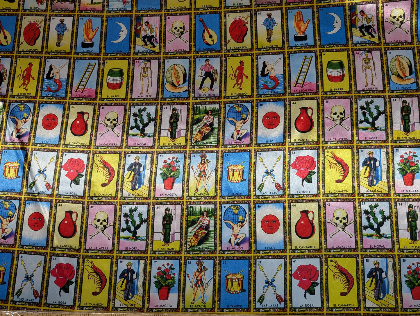 Loteria Mexican Fabric - Mexican Board Game Heavy Satin, 60" Wide by the Yard for Tablecloths, Apparel, & Crafts  | Gtex Fabrics