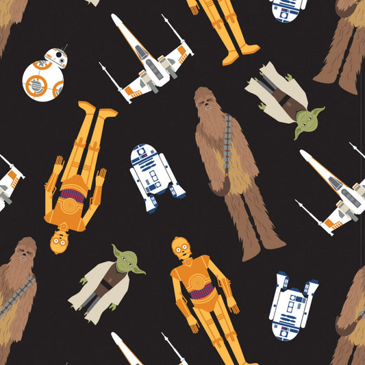 Disney Star Wars Tossed in Space YODA R2D2 C-3PO CHEWBACCA 100% Cotton Quilting High Quality Vintage Rare Fabric by The Yard | Gtex Fabrics