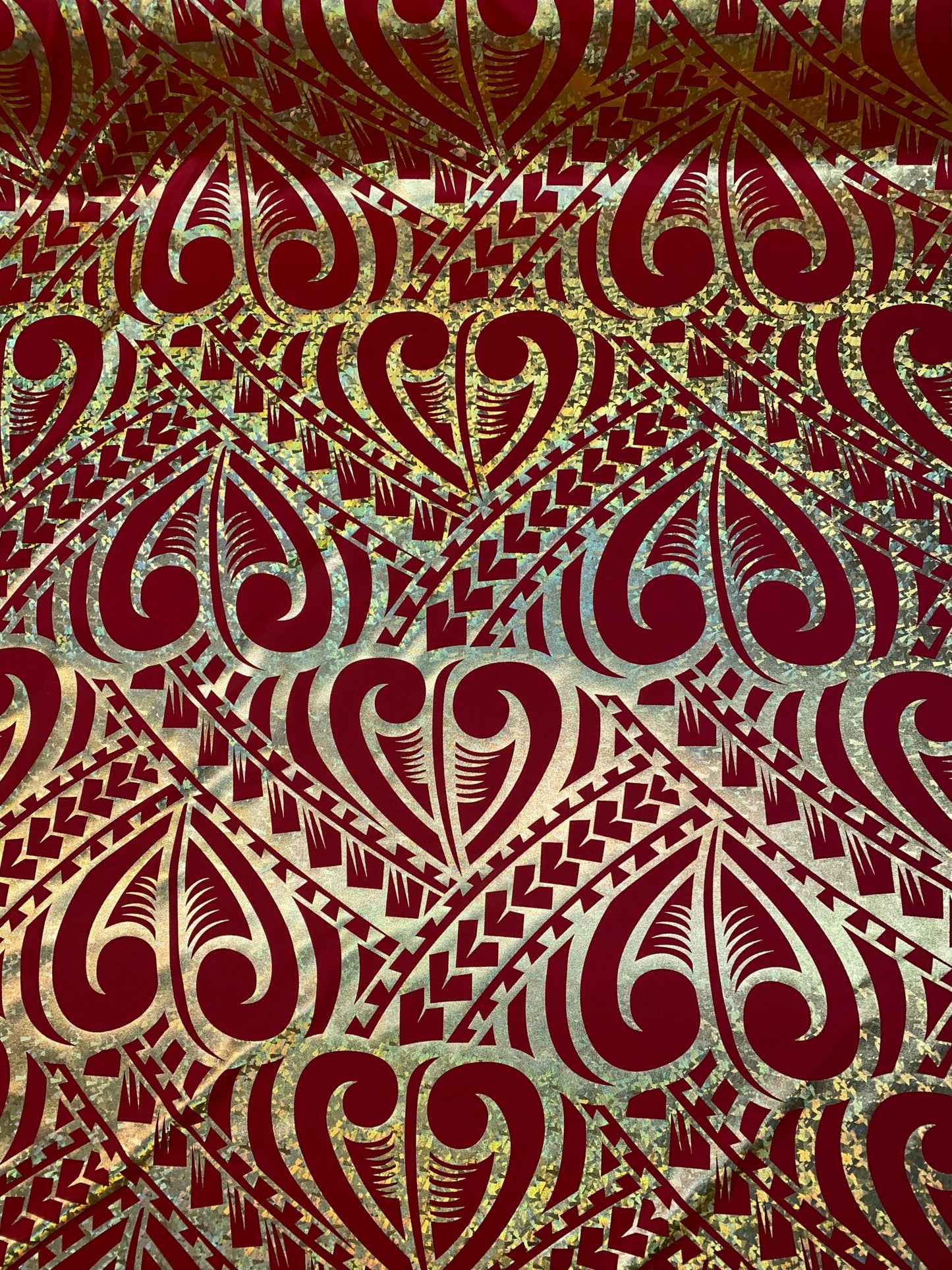 GTEX Collection- Exquisite Traditional Polynesian Tattoo Design | Foil Fabric - 2 Way Stretch Fabric - 60" Luxury Quality (Red & Gold) | Gtex Fabrics
