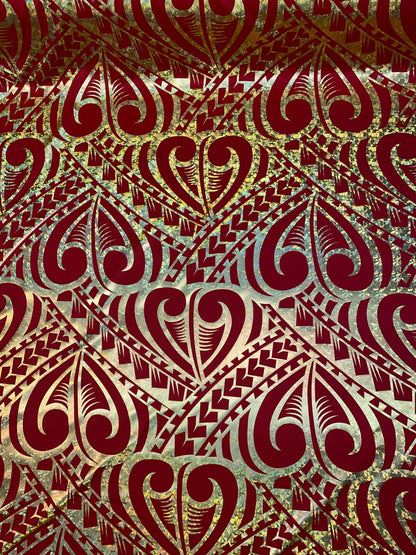 GTEX Collection- Exquisite Traditional Polynesian Tattoo Design | Foil Fabric - 2 Way Stretch Fabric - 60" Luxury Quality (Red & Gold) | Gtex Fabrics