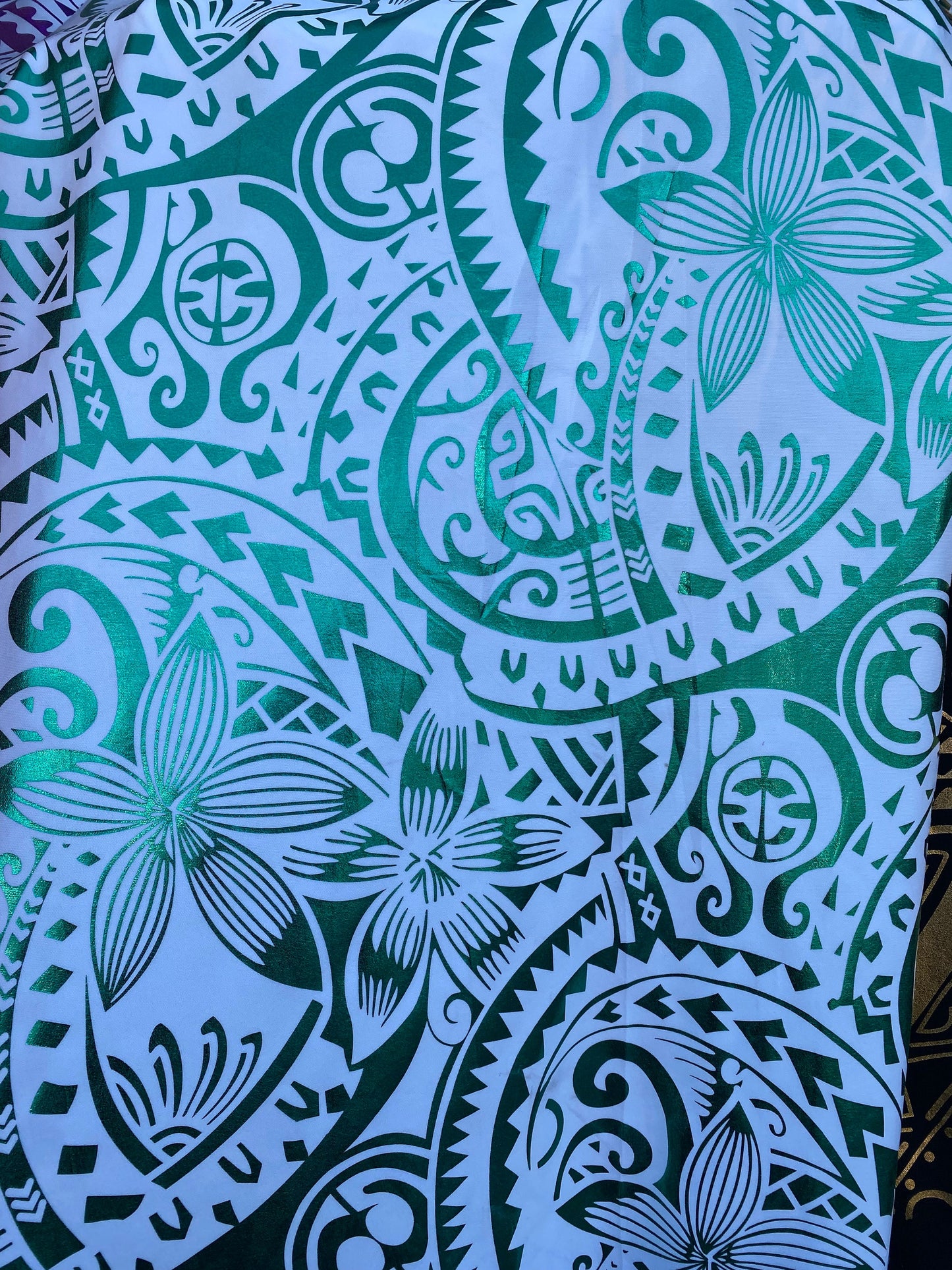 GTEX Collection- Exquisite Traditional Polynesian Tattoo Design | Foil Fabric - Stretch Scuba Fabric - 63" Luxury -Quality (White & Green)  | Gtex Fabrics