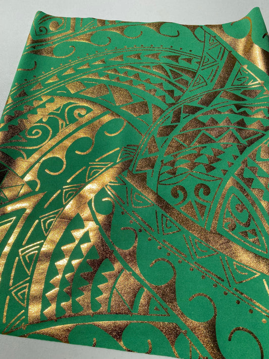 Exquisite Traditional Polynesian Tattoo Design | Foil Fabric - Stretch Scuba Fabric - 63" Luxury -Quality (Green & Gold) | Gtex Fabrics