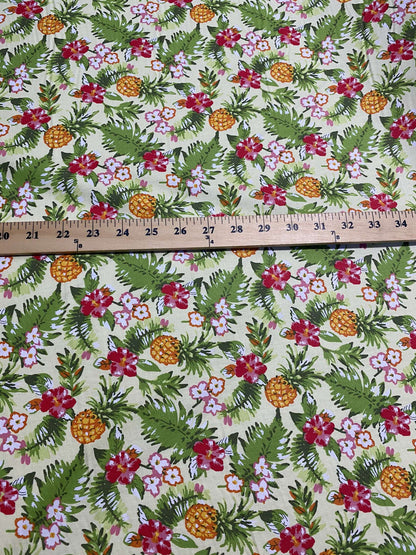 Hawaiian Print Luau Floral Pineapple Toss 100% Cotton Fabric 45" Island Print Sold By The Yard or Choose Length   | Gtex Fabrics