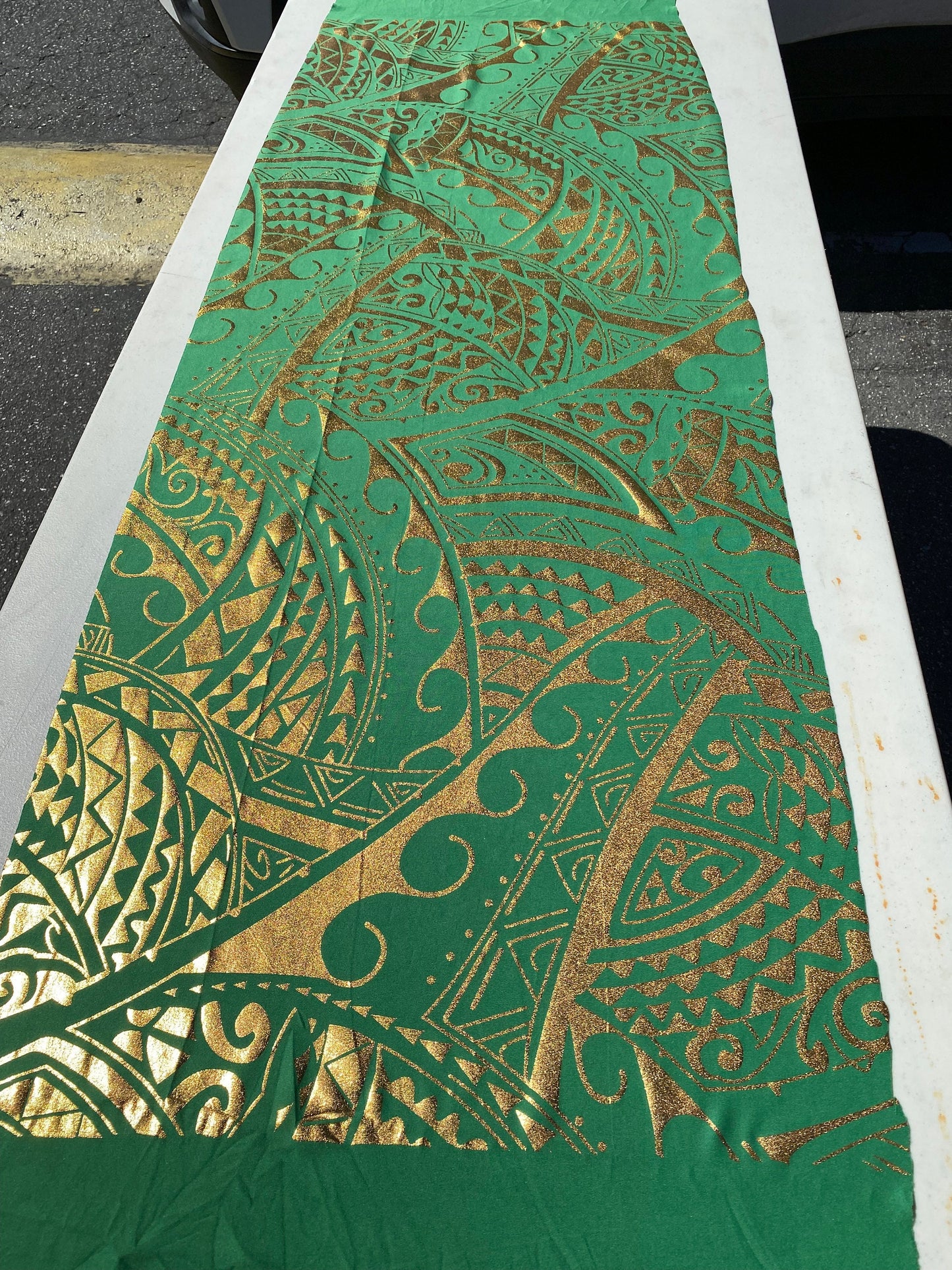 Exquisite Traditional Polynesian Tattoo Design | Foil Fabric - Stretch Scuba Fabric - 63" Luxury -Quality (Green & Gold) | Gtex Fabrics