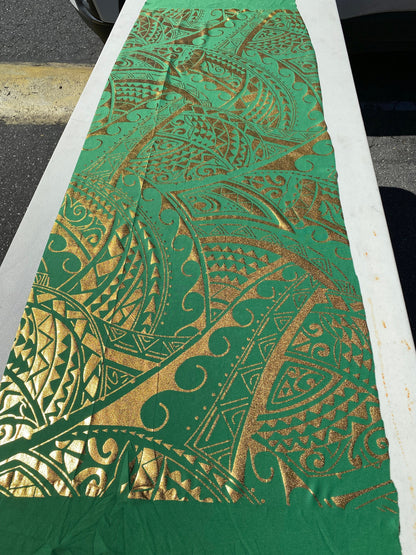Exquisite Traditional Polynesian Tattoo Design | Foil Fabric - Stretch Scuba Fabric - 63" Luxury -Quality (Green & Gold) | Gtex Fabrics