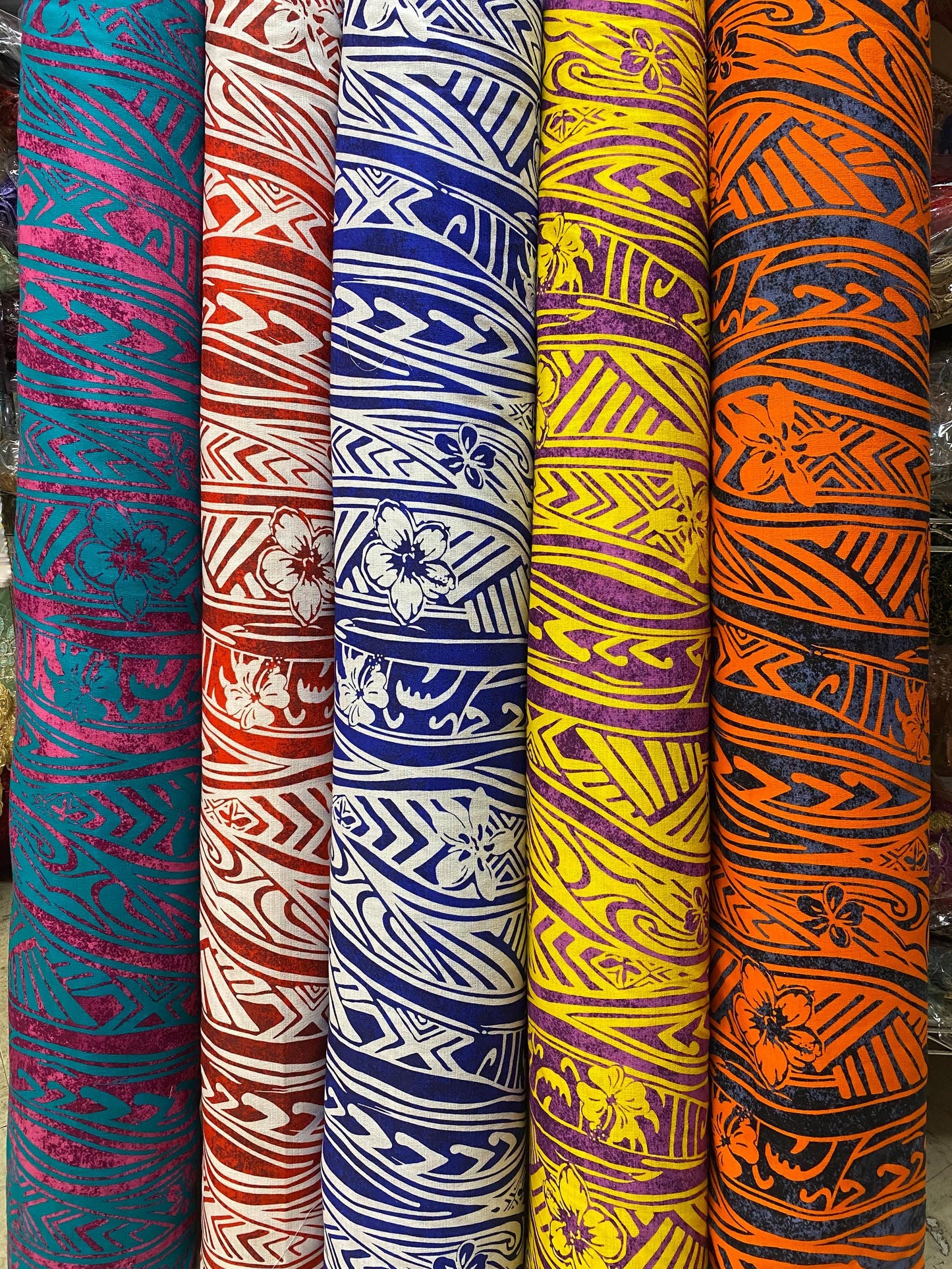 Polynesian Tribal Tattoo with Hibiscus, Doby Cloth, Lt. Bark Cloth, 100% Cotton, High Quality Rich Colors - New Design   | Gtex Fabrics