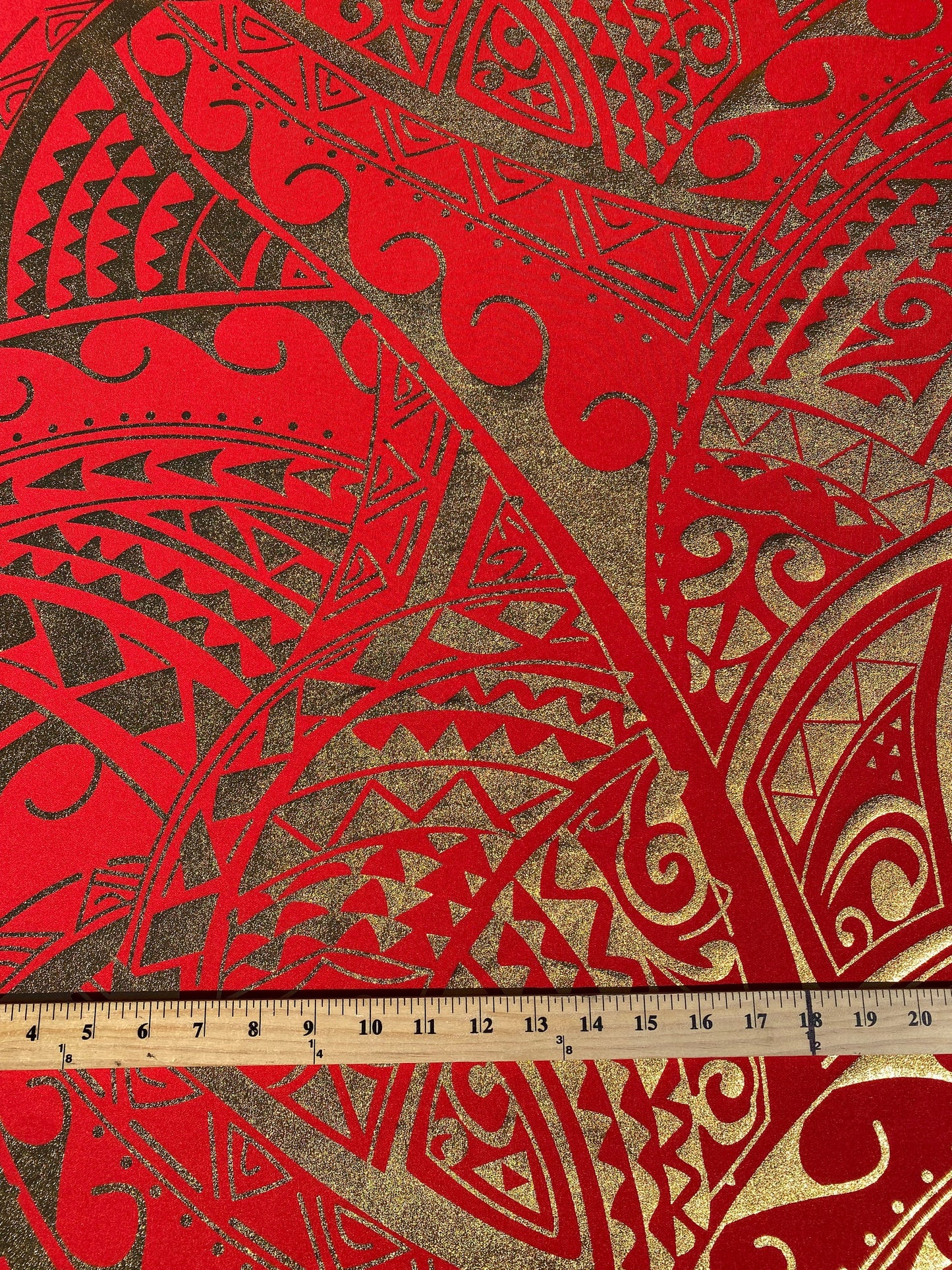 GTEX Collection- Exquisite Traditional Polynesian Tattoo Design | Foil Fabric - Stretch Scuba Fabric - 63" Luxury -Quality (Red & Gold) | Gtex Fabrics