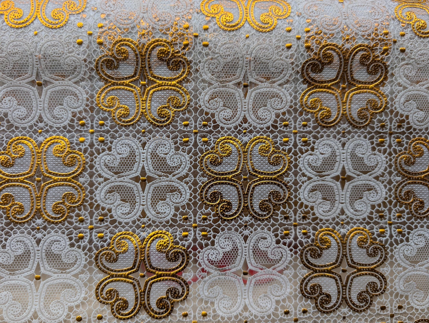 Water-Resistant 54" Cream & Gold Table Cover Vinyl Fabric, Lined, By The Yard (No Felt Back) | Gtex Fabrics