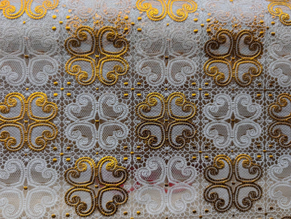 Water-Resistant 54" Cream & Gold Table Cover Vinyl Fabric, Lined, By The Yard (No Felt Back) | Gtex Fabrics
