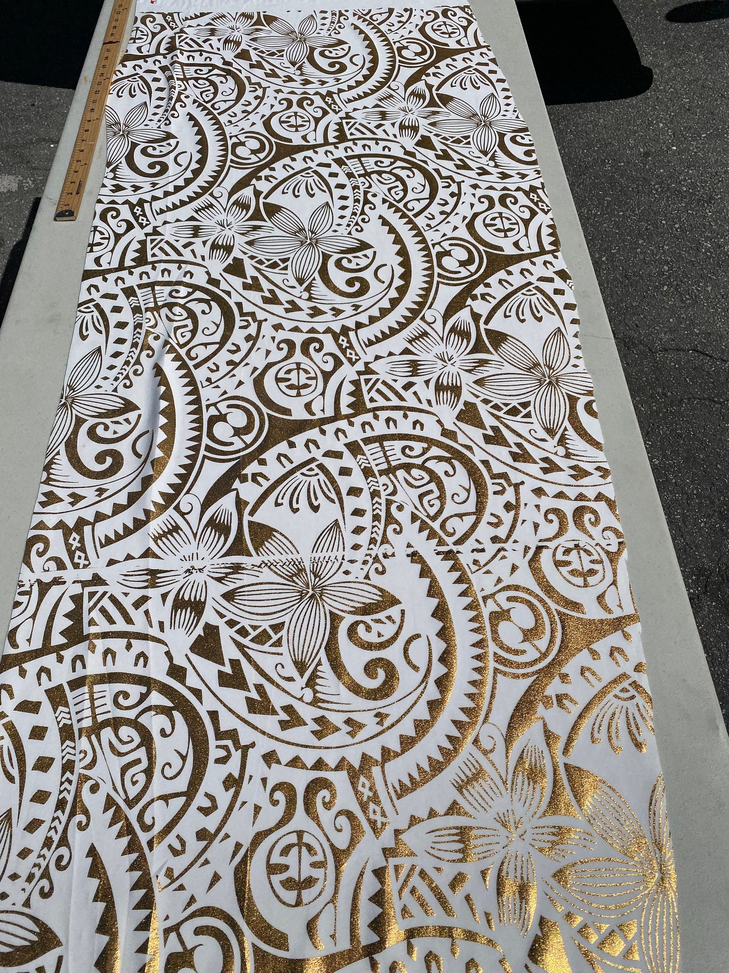 GTEX Collection- Exquisite Traditional Polynesian Tattoo Design | Foil Fabric - Stretch Scuba Fabric - 63" Luxury -Quality (White & Gold)   | Gtex Fabrics