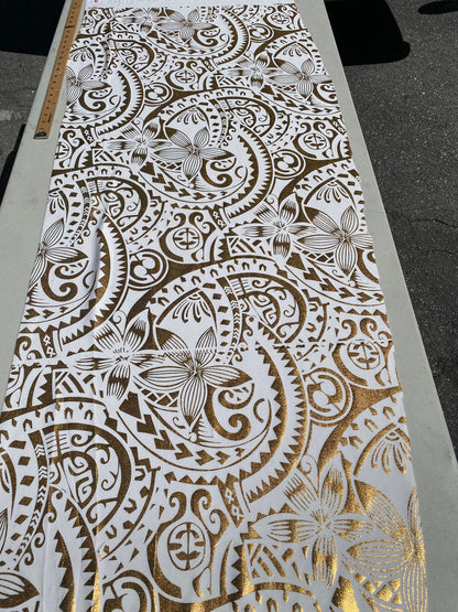 GTEX Collection- Exquisite Traditional Polynesian Tattoo Design | Foil Fabric - Stretch Scuba Fabric - 63" Luxury -Quality (White & Gold)   | Gtex Fabrics