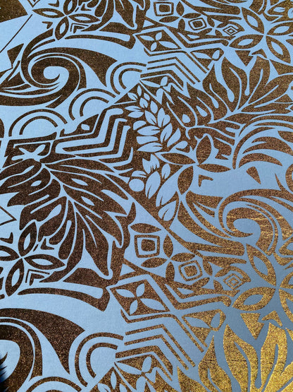 GTEX Collection- Exquisite Traditional Polynesian Tattoo Design | Foil Fabric - Stretch Scuba Fabric - 63" Luxury -Quality -Baby Blue & Gold | Gtex Fabrics