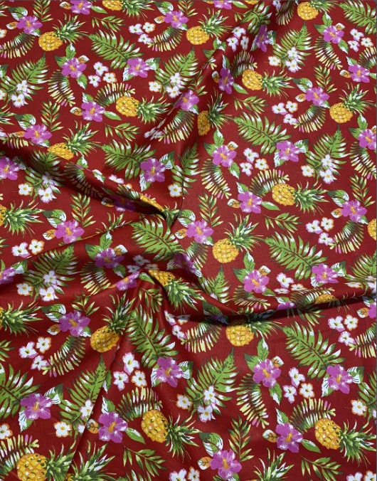 Hawaiian Print Luau Floral Pineapple Toss 100% Cotton Fabric 45" Island Print Sold By The Yard or Choose Length   | Gtex Fabrics