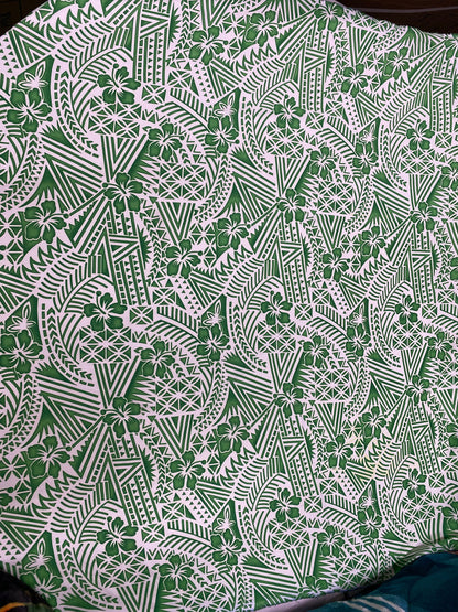New! Polynesian Fabric, Hawaiian - Hibiscus Tribal Tattoo Toss, Island Fabric - Sold by the Yard - Peachskin Fabric 45" -Green & Cream Color  | Gtex Fabrics