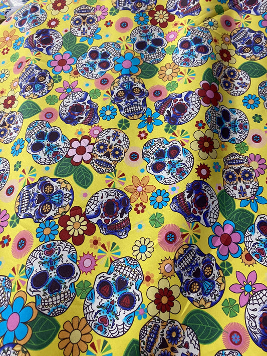 Mexican Heritage Folkloric Sugar Skulls 100% Cotton poplin Fabric / Yellow Calaveras Fabric / 44" wide | Gtex Fabrics