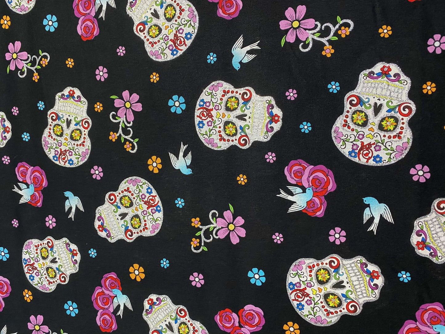 Mexican Heritage Folkloric Sugar Skulls With Glitter 100% Cotton Fabric / Black Calaveras Fabric / David Textiles / 44" wide | Gtex Fabrics