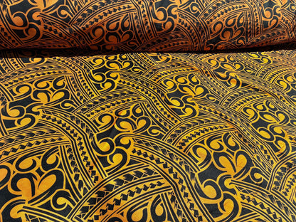 Island Fabric - Polynesian Tribal Fabric – 100% Polyester MiniMatt – Made in New Zealand 60” Wide (Orange and Black)  | Gtex Fabrics