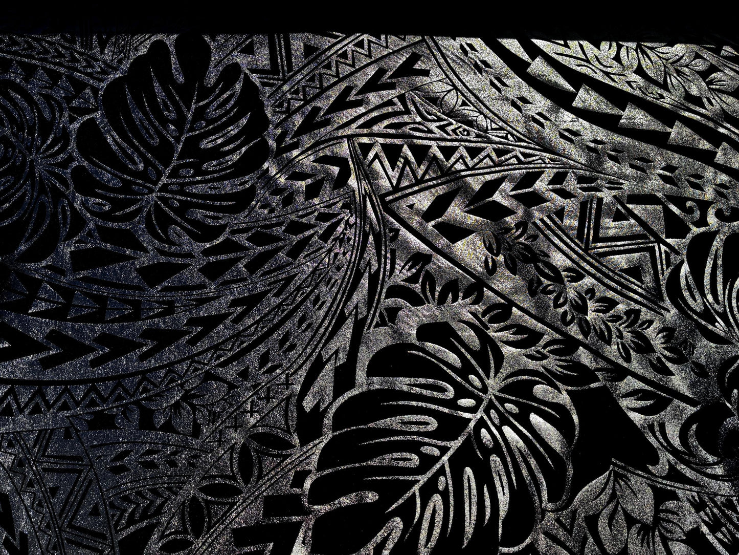 Traditional Polynesian Samoan Tongan Hawaiian Tattoo Hologram Foil Fabric | 58" Black & Lt. Gold Color Foil Fabric (Non-Stretch) | Gtex Fabrics
