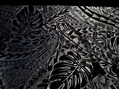 Traditional Polynesian Samoan Tongan Hawaiian Tattoo Hologram Foil Fabric | 58" Black & Lt. Gold Color Foil Fabric (Non-Stretch) | Gtex Fabrics