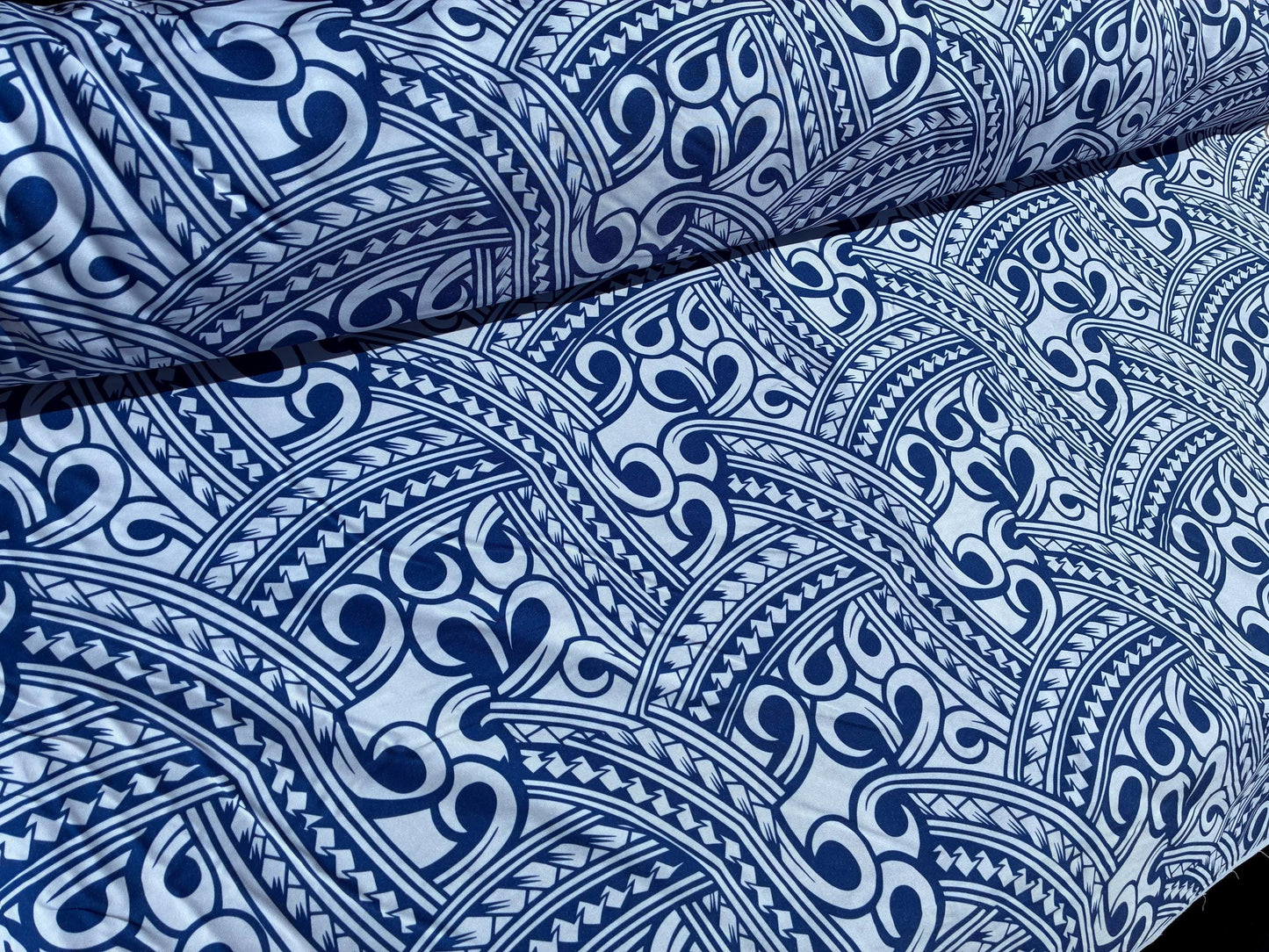 Island Fabric - Polynesian Tribal Fabric – 100% Polyester MiniMatt – Made in New Zealand 60” Wide (White and Blue)  | Gtex Fabrics