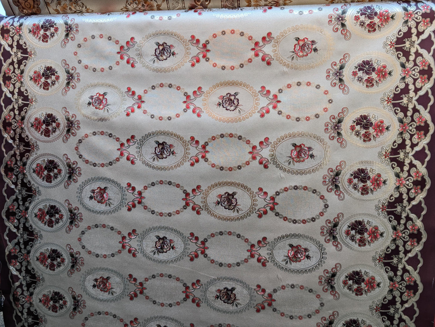 Floral 54" Vinyl Table Cover Fabric – Elegant Design, Lined, Red & White - By The Yard (No Felt Back) | Gtex Fabrics