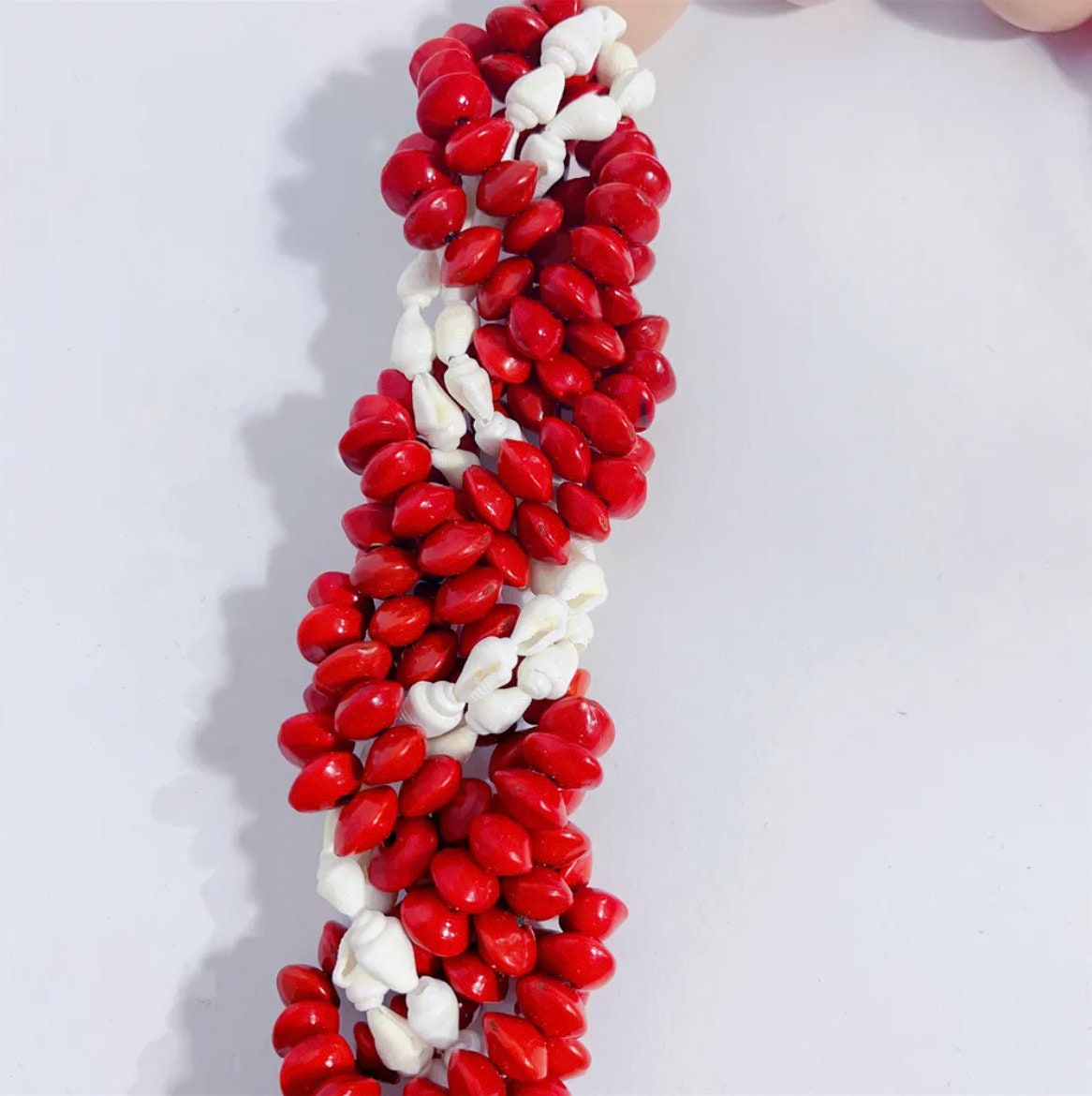 Polynesian, Samoan, Tongan Men's Traditional - Lopa Seeds White Nasa Shell Necklace Red Beans Acacia Beans w Acrylic Kukui Nuts Leis |  Gtex Fabricss