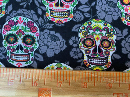 Mexican Heritage Folkloric Sugar Skulls 100% Cotton Fabric / Black & Gray Calaveras Fabric / 44" wide | Gtex fabrics