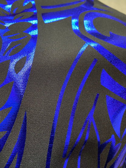 GTEX Collection- Exquisite Traditional Polynesian Tattoo Design | Foil Fabric - 2 Way Stretch Fabric - 60" Luxury Quality (Black & Blue)   | Gtex Fabrics