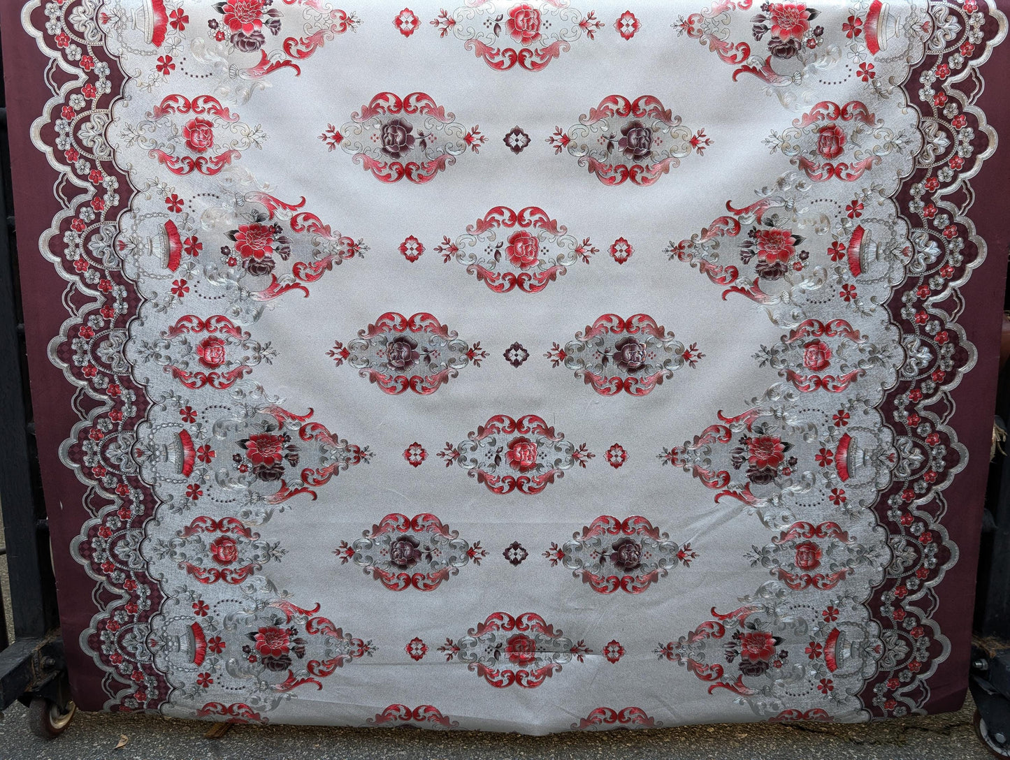 Floral 54" Vinyl Table Cover Fabric – Elegant Design, Lined, Red & White - By The Yard (No Felt Back) | Gtex Fabrics