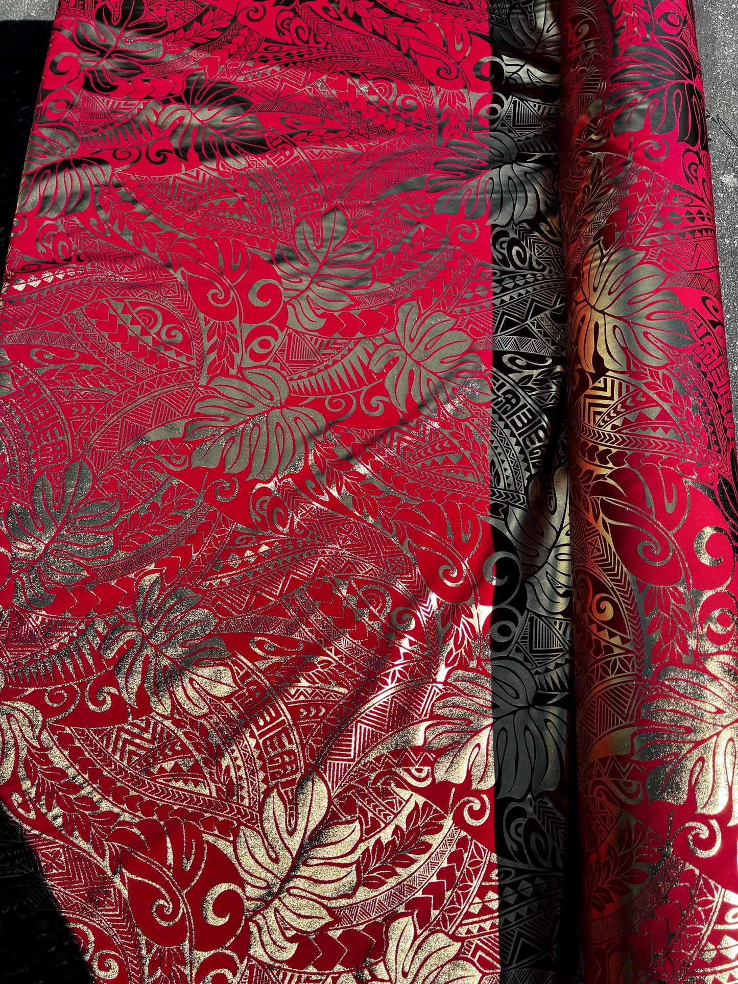 Traditional Polynesian Samoan Tongan Hawaiian Tattoo Hologram Foil Fabric | 58" Red & Gold Color Foil Fabric (Non-Stretch)  | Gtex Fabrics