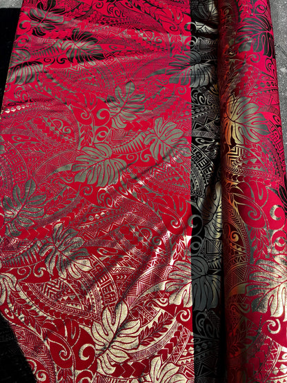 Traditional Polynesian Samoan Tongan Hawaiian Tattoo Hologram Foil Fabric | 58" Red & Gold Color Foil Fabric (Non-Stretch)  | Gtex Fabrics