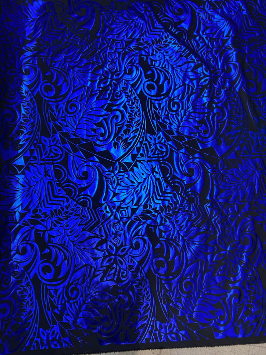 GTEX Collection- Exquisite Traditional Polynesian Tattoo Design | Foil Fabric - 2 Way Stretch Fabric - 60" Luxury Quality (Black & Blue)   | Gtex Fabrics