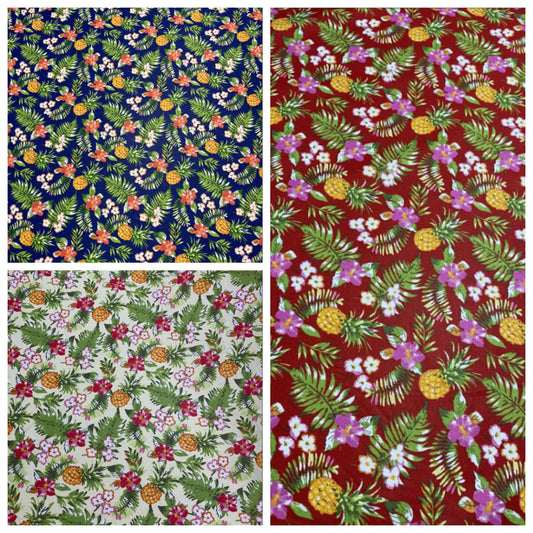Hawaiian Print Luau Floral Pineapple Toss 100% Cotton Fabric 45" Island Print Sold By The Yard or Choose Length   | Gtex Fabrics