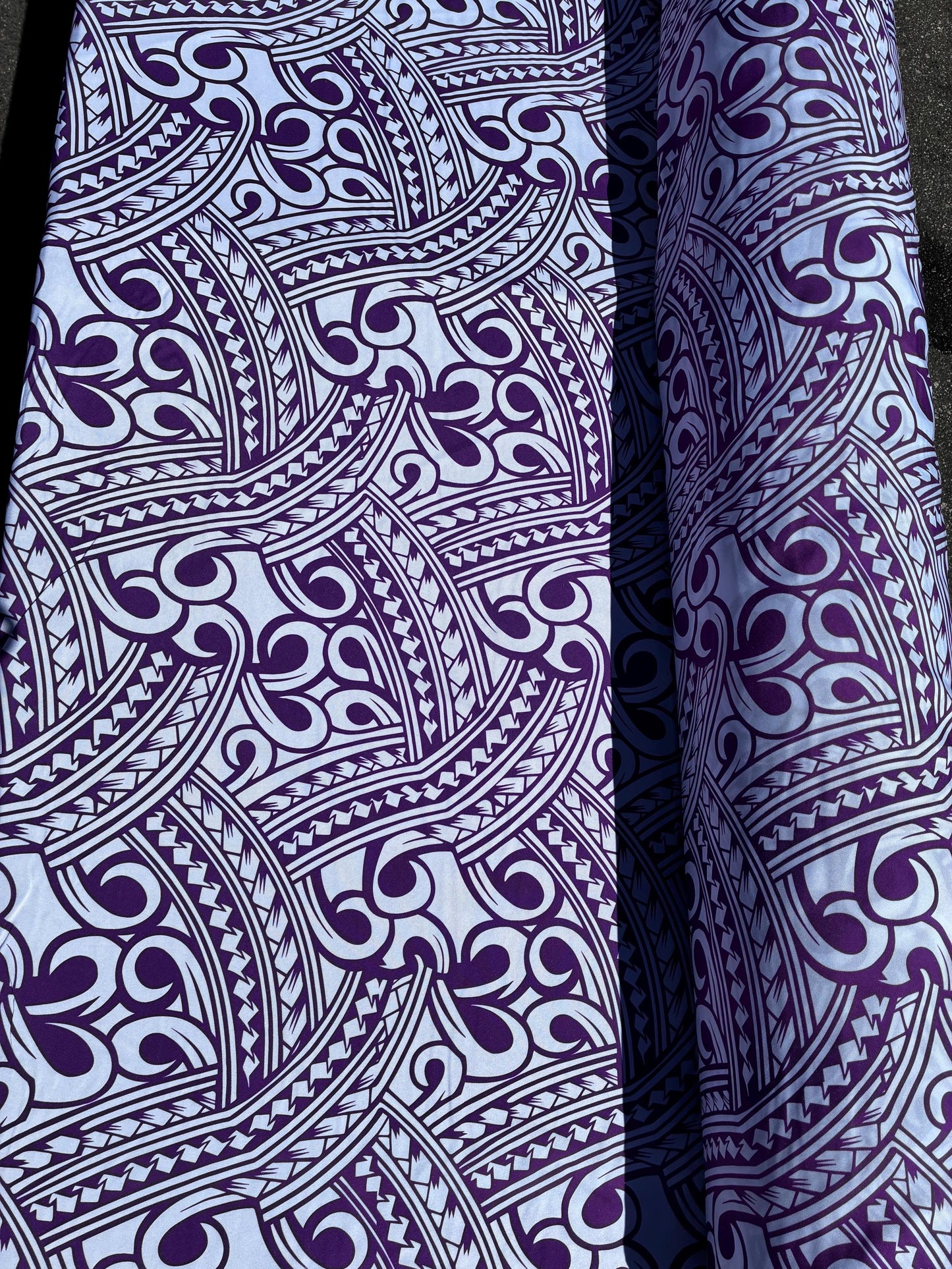 Island Fabric - Polynesian Tribal Fabric – 100% Polyester MiniMatt – Made in New Zealand 60” Wide (White and Purple)  | Gtex Fabrics