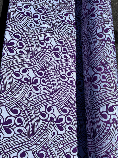 Island Fabric - Polynesian Tribal Fabric – 100% Polyester MiniMatt – Made in New Zealand 60” Wide (White and Purple)  | Gtex Fabrics