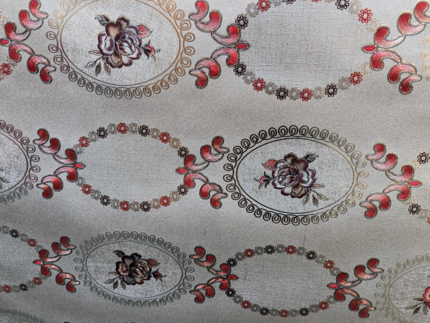 Floral 54" Vinyl Table Cover Fabric – Elegant Design, Lined, Red & White - By The Yard (No Felt Back) | Gtex Fabrics