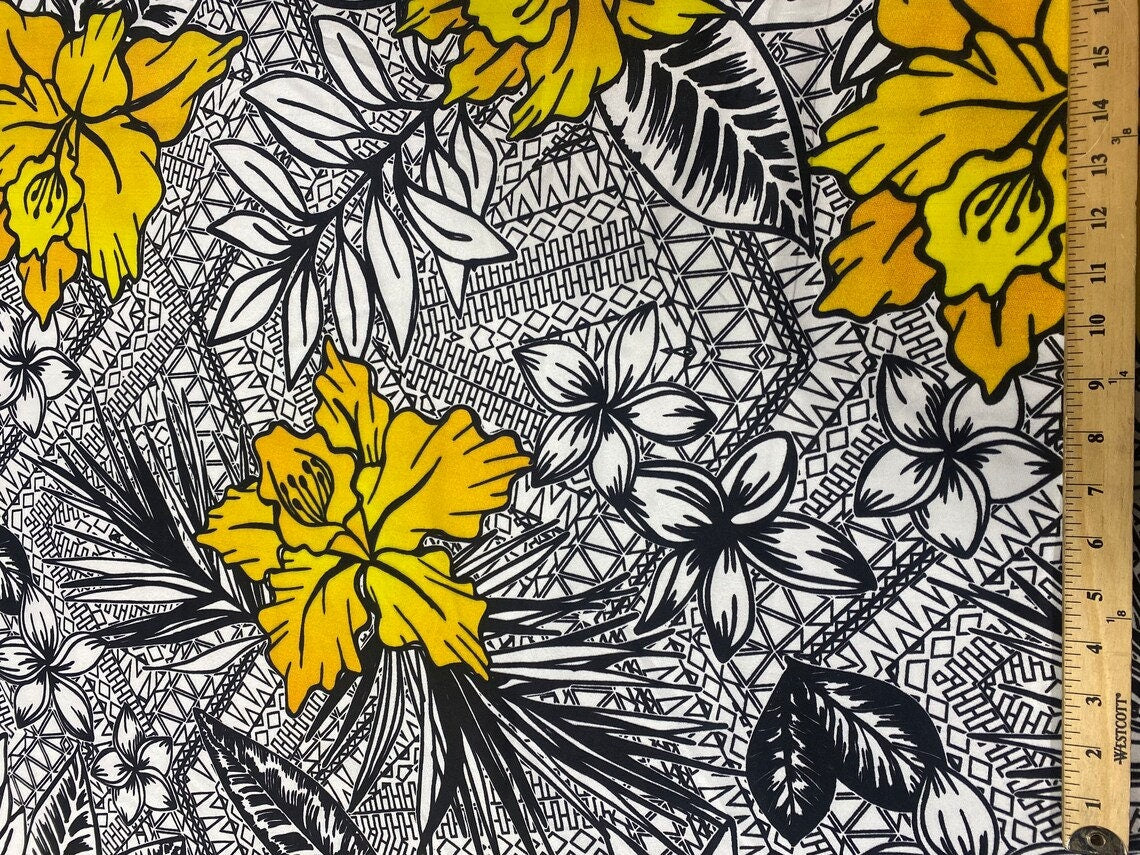 Hawaiian Print Luau Floral Tribal Tattoo Design Polyester Fabric 60” Sold By The Yard   | Gtex Fabrics